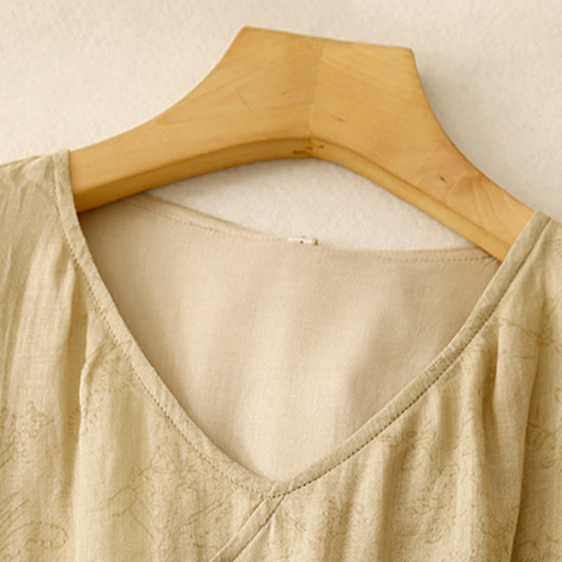 Buddha Stones Summer V-Neck Lace-up Short Sleeve Cotton Linen Women's Midi Dress With Pockets - image 2