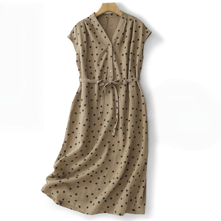 Buddha Stones Summer Polka Dot V-Neck Lace-up Cotton Linen Women's Midi Dress With Pockets - Tan - US14，UK/AU18，EU46 (2XL) - image 0