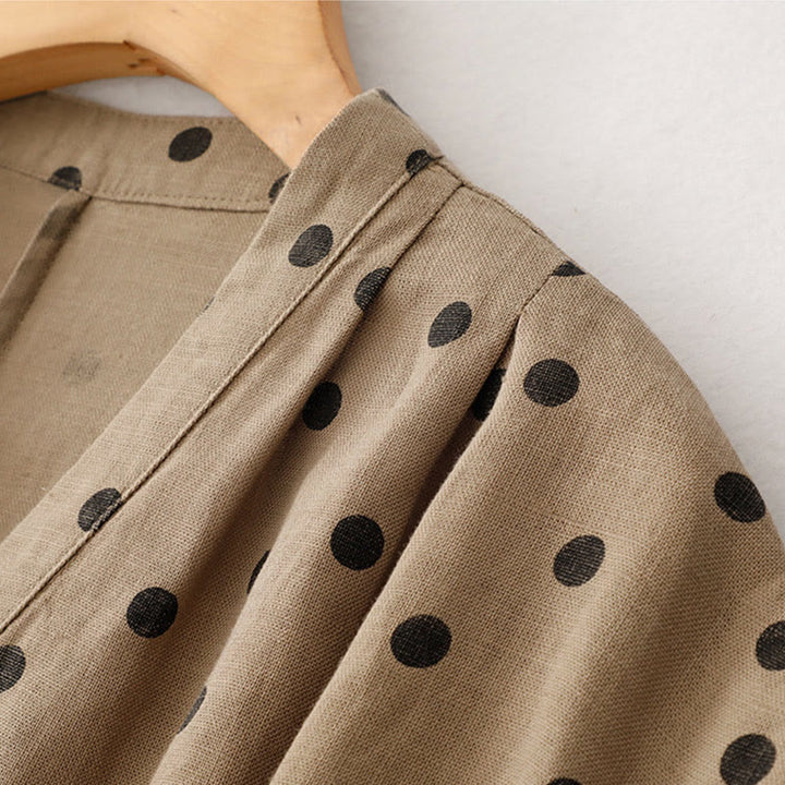 Buddha Stones Summer Polka Dot V-Neck Lace-up Cotton Linen Women's Midi Dress With Pockets - image 2