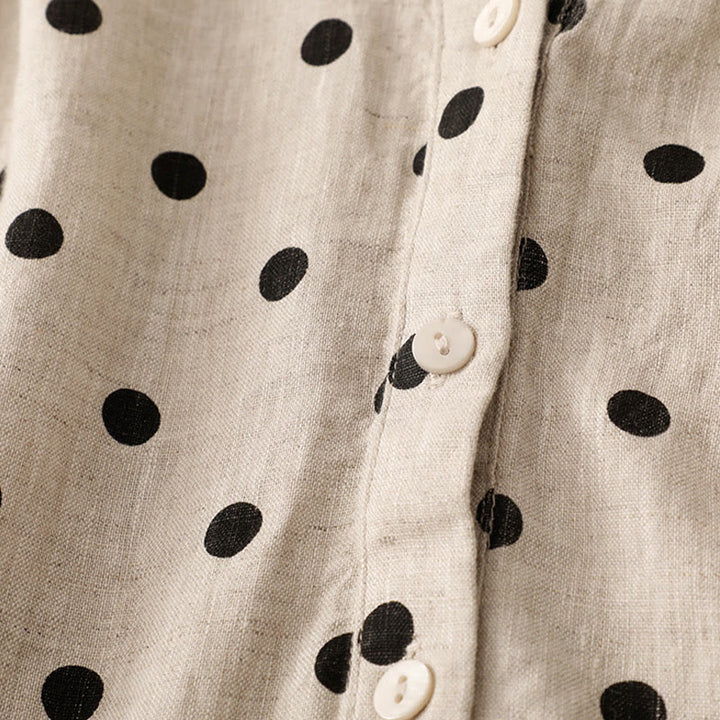 Buddha Stones Summer Polka Dot V-Neck Lace-up Cotton Linen Women's Midi Dress With Pockets - image 15