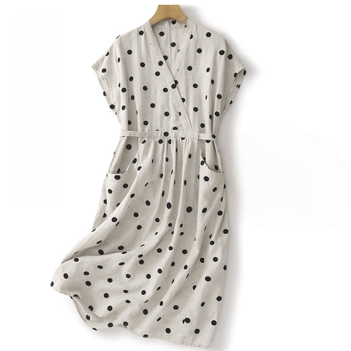 Buddha Stones Polka Dot V-Neck Lace-up Women's Midi Dress With Pockets - White - US8-10，UK/AU12-14，EU40-42 (2XL) - image 8
