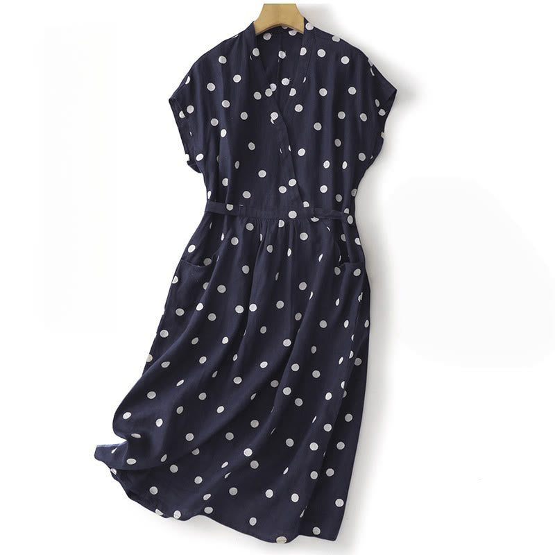 Buddha Stones Polka Dot V-Neck Lace-up Cotton Linen Women's Midi Dress With Pockets - Navy - US8-10，UK/AU12-14，EU40-42 (2XL) - image 0