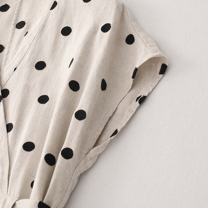 Buddha Stones Polka Dot V-Neck Lace-up Cotton Linen Women's Midi Dress With Pockets - image 11