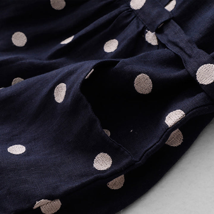 Buddha Stones Polka Dot V-Neck Lace-up Cotton Linen Women's Midi Dress With Pockets - image 5