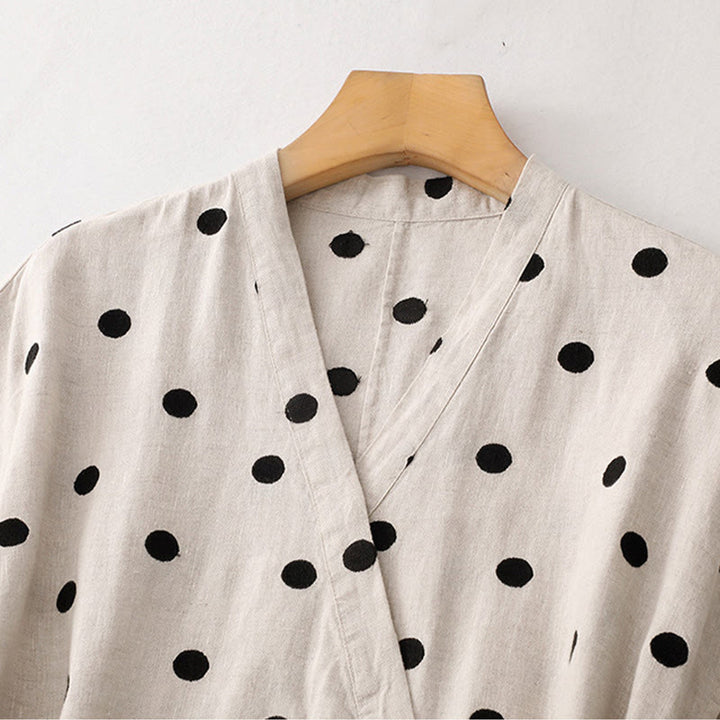Buddha Stones Polka Dot V-Neck Lace-up Women's Midi Dress With Pockets - image 10
