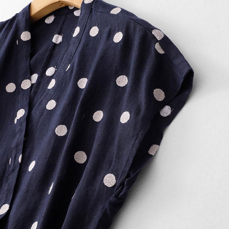 Buddha Stones Polka Dot V-Neck Lace-up Cotton Linen Women's Midi Dress With Pockets - image 2