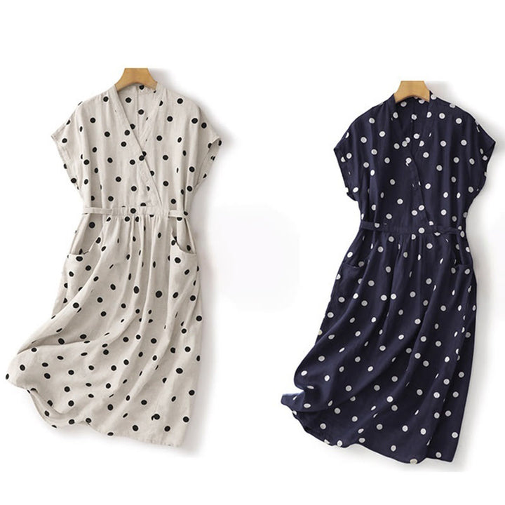 Buddha Stones Polka Dot V-Neck Lace-up Women's Midi Dress With Pockets - image 19