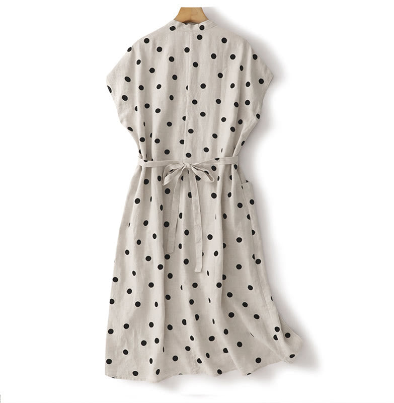 Buddha Stones Polka Dot V-Neck Lace-up Cotton Linen Women's Midi Dress With Pockets - image 9