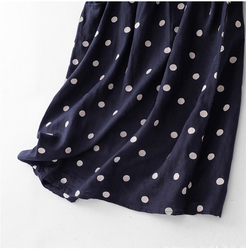 Buddha Stones Polka Dot V-Neck Lace-up Cotton Linen Women's Midi Dress With Pockets - image 7