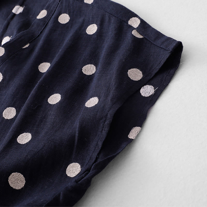 Buddha Stones Polka Dot V-Neck Lace-up Cotton Linen Women's Midi Dress With Pockets - image 6