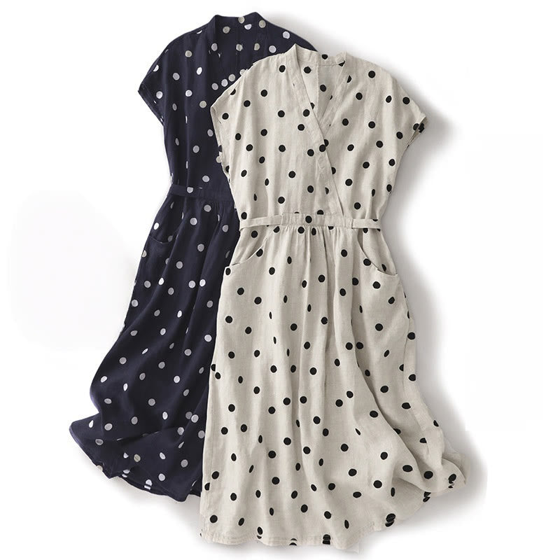 Buddha Stones Polka Dot V-Neck Lace-up Cotton Linen Women's Midi Dress With Pockets - image 18