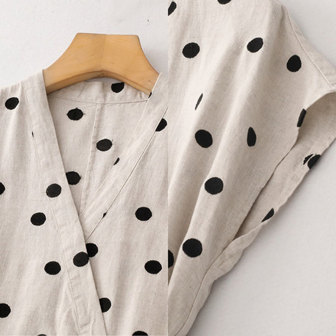 Buddha Stones Polka Dot V-Neck Lace-up Cotton Linen Women's Midi Dress With Pockets - image 16