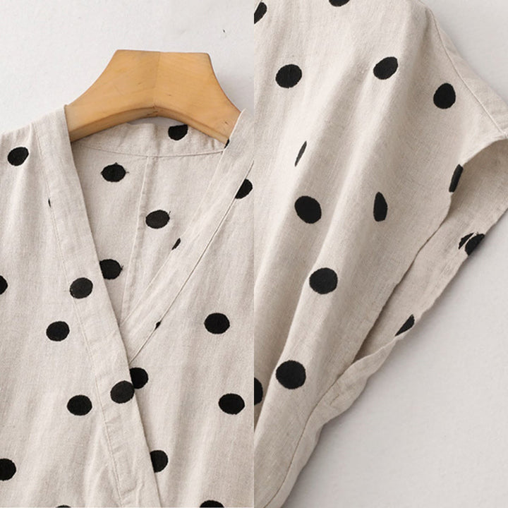 Buddha Stones Polka Dot V-Neck Lace-up Cotton Linen Women's Midi Dress With Pockets - image 16