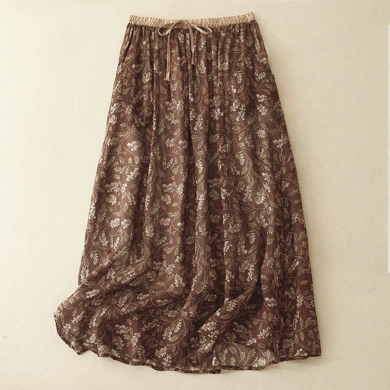Buddha Stones Floral A-line Elastic Waist Cotton Linen Women's Skirt With Pockets - SaddleBrown - US8-10，UK/AU12-14，EU40-42 (2XL) - image 0