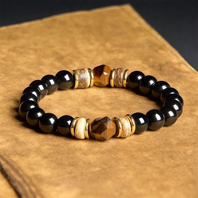 Buddha Stones Black Obsidian Beads Sectional Tiger Eye Stone Purification Bracelet - Black Obsidian & Tiger Eye(Wrist Circumference: 15-17cm) - image 0