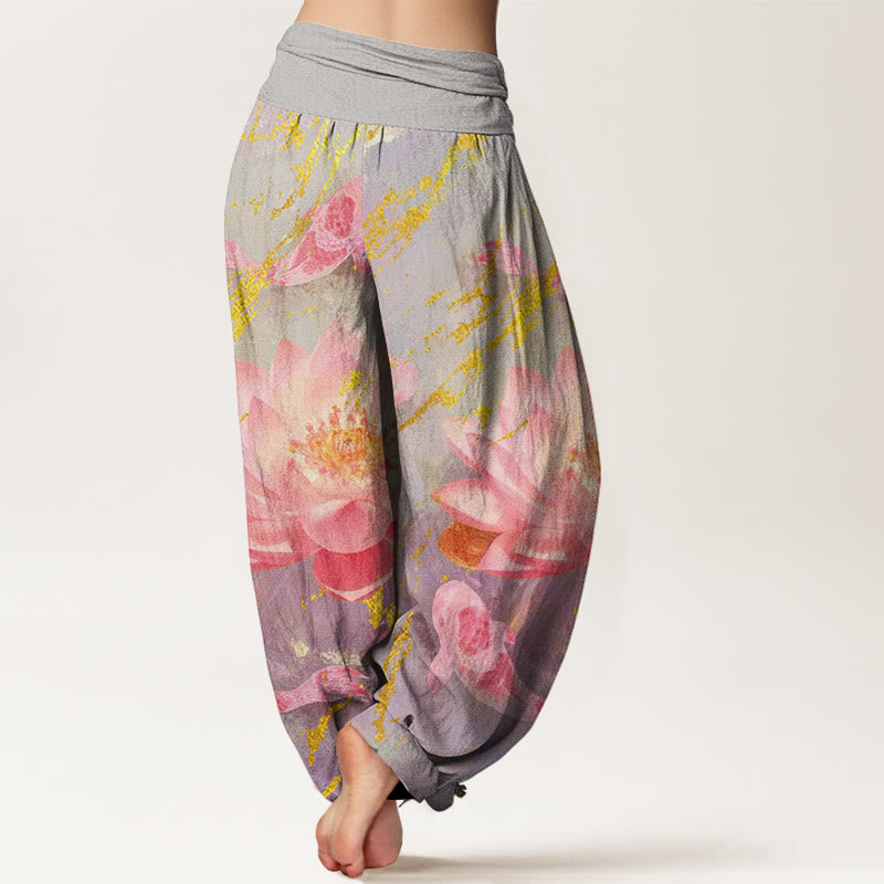 Buddha Stones Cotton Casual Lotus Flower Koi Fish Pattern Women's Harem Pants - image 1