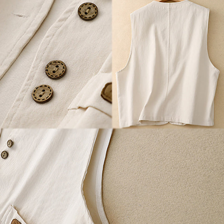 Buddha Stones Solid Color Front Buttons Sleeveless Women's Cotton Waistcoat With Pockets - image 17