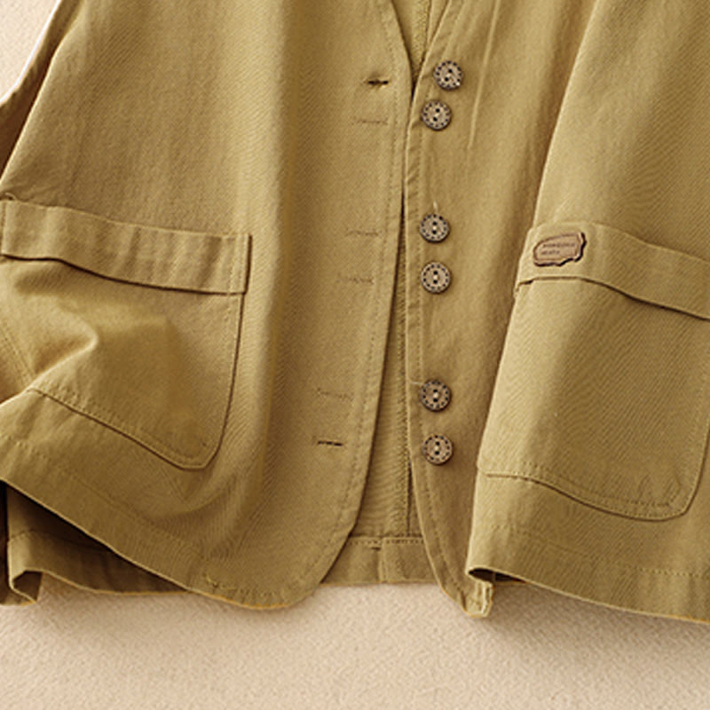 Buddha Stones Solid Color Front Buttons Sleeveless Women's Cotton Waistcoat With Pockets - image 7