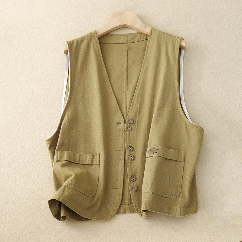 Buddha Stones Solid Color Front Buttons Sleeveless Women's Cotton Waistcoat With Pockets - Khaki - US8-10，UK/AU12-14，EU40-42 (2XL) - image 0