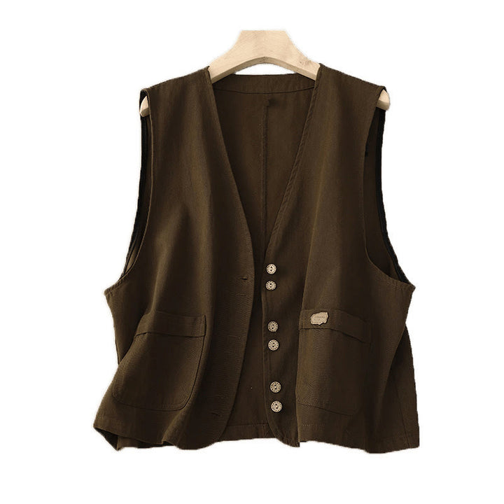 Buddha Stones Solid Color Front Buttons Sleeveless Women's Cotton Waistcoat With Pockets - image 12