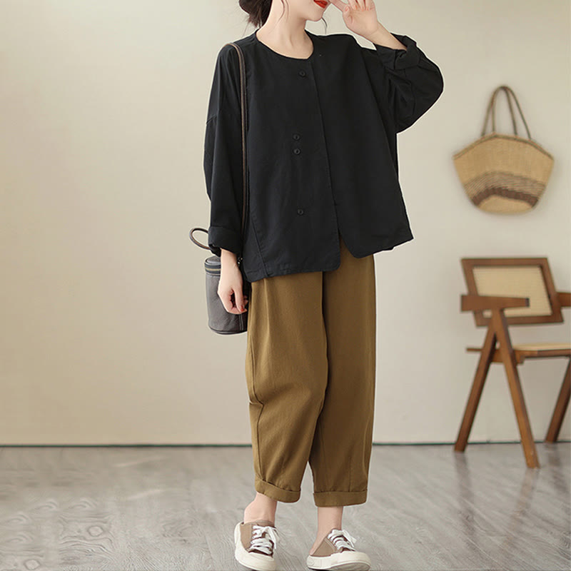 Buddha Stones Spring Plain Asymmetry Design Long Sleeve Women's Cotton Linen Jacket With Pockets - image 24