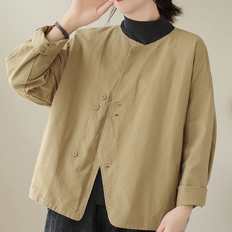 Buddha Stones Spring Plain Asymmetry Design Long Sleeve Women's Cotton Linen Jacket With Pockets - PaleGoldenrod - US12，UK/AU16，EU44 (2XL) - image 0