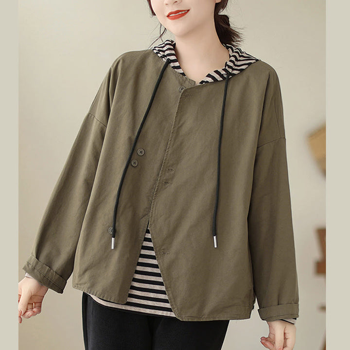Buddha Stones Spring Plain Asymmetry Design Long Sleeve Women's Cotton Linen Jacket With Pockets - Olive - US12，UK/AU16，EU44 (2XL) - image 11