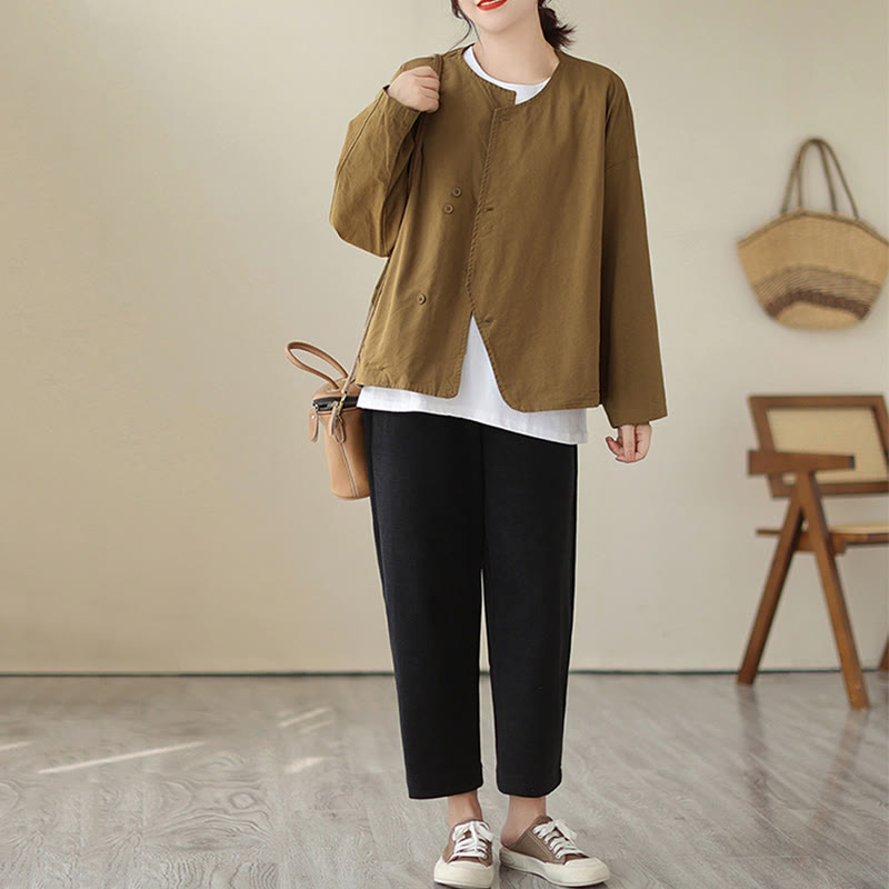 Buddha Stones Spring Plain Asymmetry Design Long Sleeve Women's Cotton Linen Jacket With Pockets - image 8