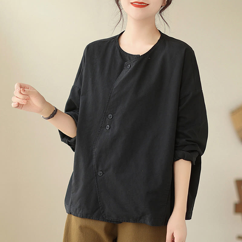 Buddha Stones Spring Plain Asymmetry Design Long Sleeve Women's Cotton Linen Jacket With Pockets - image 20