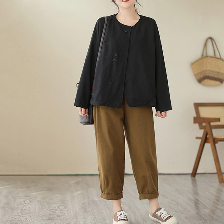 Buddha Stones Spring Plain Asymmetry Design Long Sleeve Women's Cotton Linen Jacket With Pockets - image 23