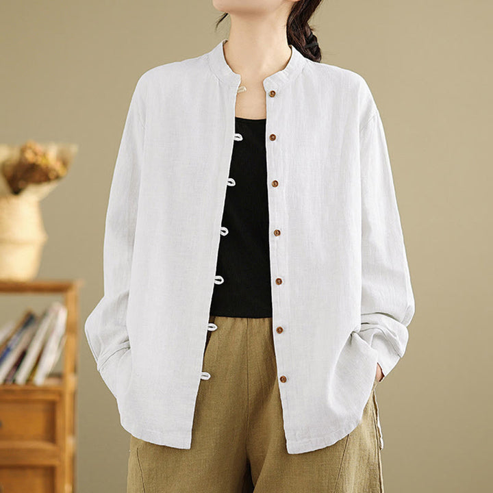 Buddha Stones Solid Color Front Buttons Design Long Sleeve Women's Cotton Linen Shirt - White - US14，UK/AU18，EU46 (2XL) - image 9