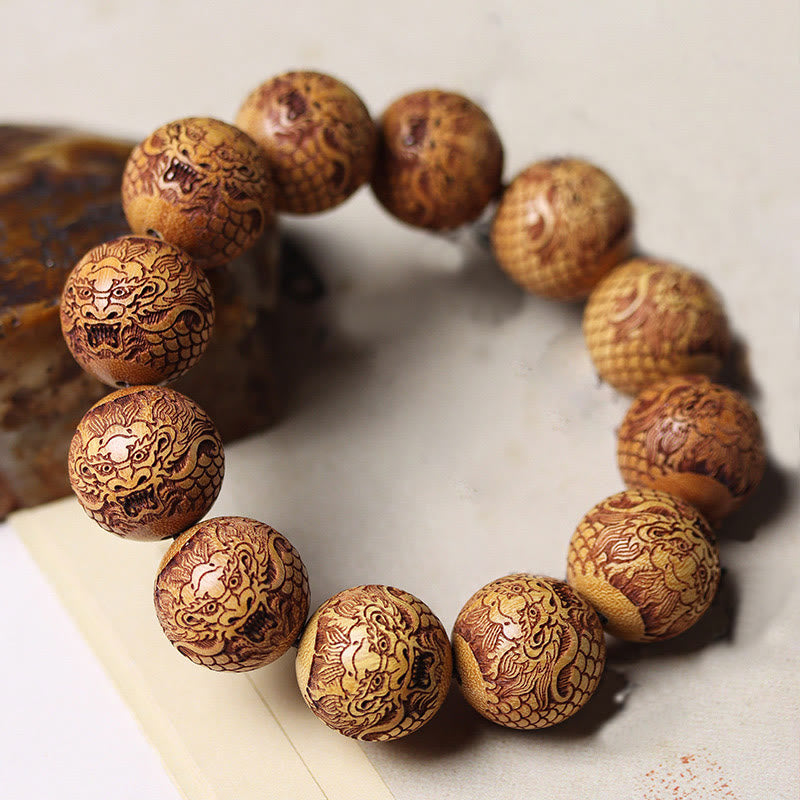 Buddha Stones Carving Sandalwood Dragon Keep Away Evil Spirits Bracelet - image 1