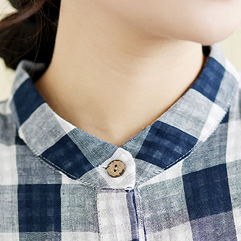 Buddha Stones Plaid Pattern Half Sleeve Cotton Linen Midi Dress With Pockets - image 13