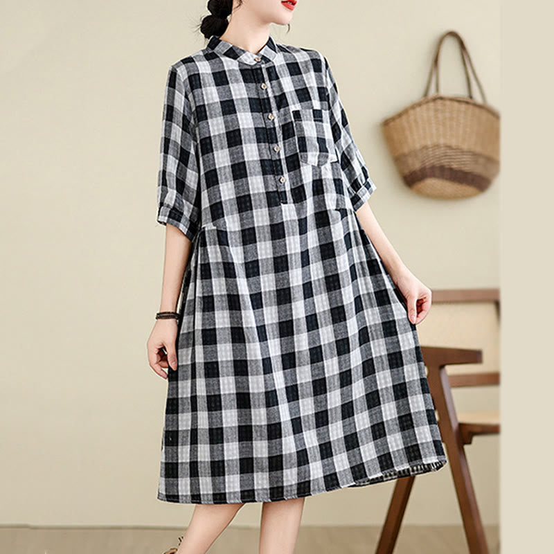 Buddha Stones Plaid Pattern Half Sleeve Cotton Linen Midi Dress With Pockets - image 9