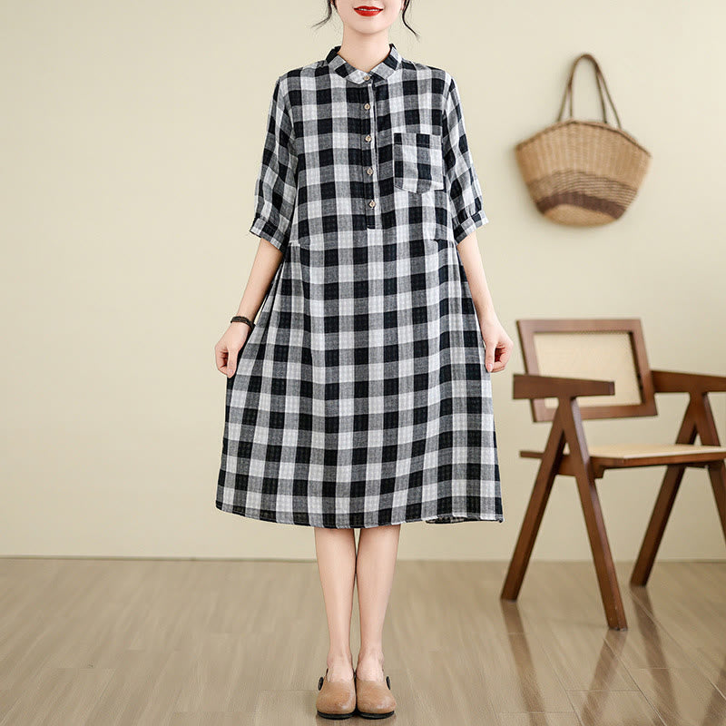 Buddha Stones Plaid Pattern Half Sleeve Cotton Linen Midi Dress With Pockets - Black(large grid) - US8-10，UK/AU12-14，EU40-42 (2XL) - image 7
