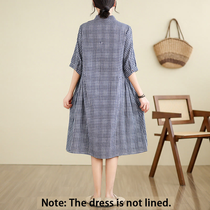 Buddha Stones Plaid Pattern Half Sleeve Cotton Linen Midi Dress With Pockets - image 4