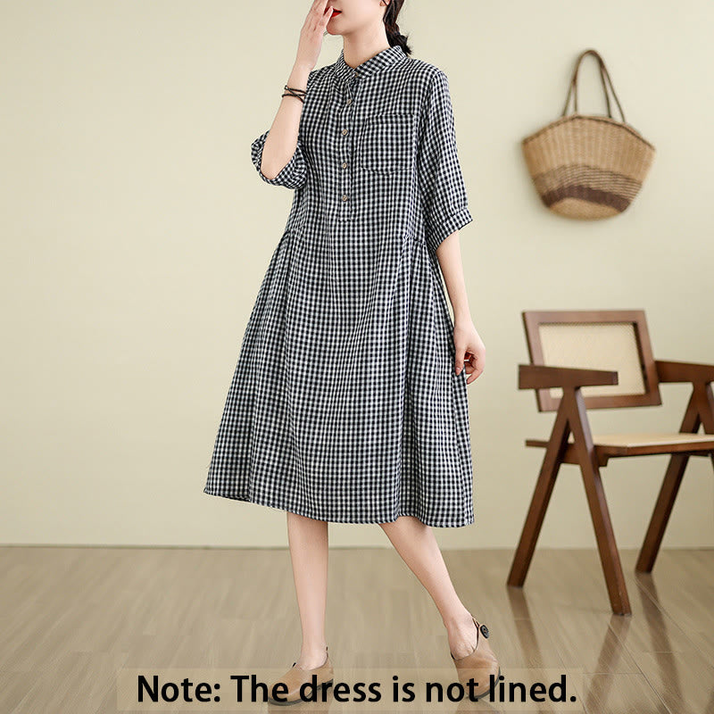 Buddha Stones Plaid Pattern Half Sleeve Cotton Linen Midi Dress With Pockets - image 1