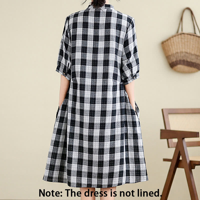 Buddha Stones Plaid Pattern Half Sleeve Cotton Linen Midi Dress With Pockets - image 8