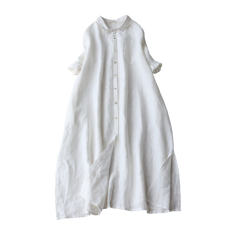 Buddha Stones Buttons Design Lapel Three Quarter Sleeve Midi Dress With Pockets - White - US8-10，UK/AU12-14，EU40-42 (2XL) - image 5