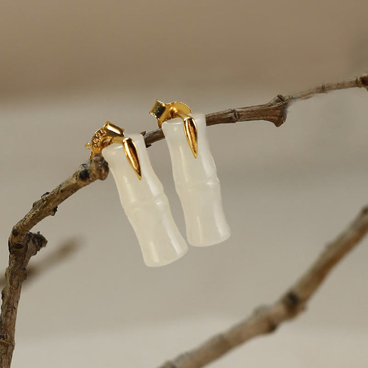 Buddha Stones Bamboo Hetian Jade 925 Sterling Silver Leaf Wealth Earrings - Hetian Jade Polished(925 Sterling Silver Posts) - Long Bamboo Leaves - image 0