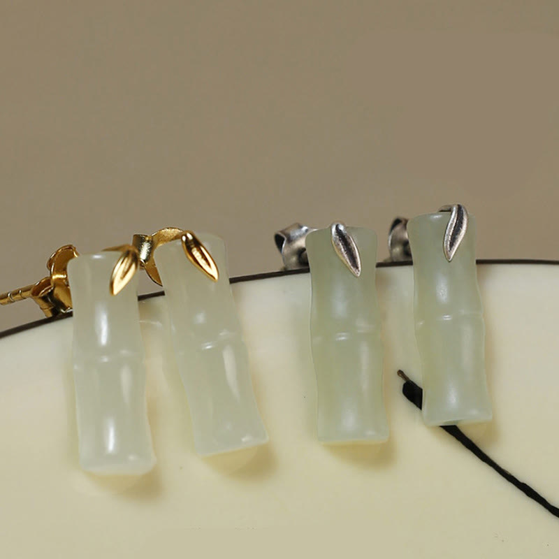 Buddha Stones Bamboo Hetian Jade 925 Sterling Silver Leaf Wealth Earrings - image 11