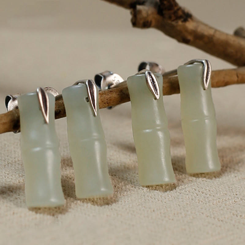 Buddha Stones Bamboo Hetian Jade 925 Sterling Silver Leaf Wealth Earrings - image 10