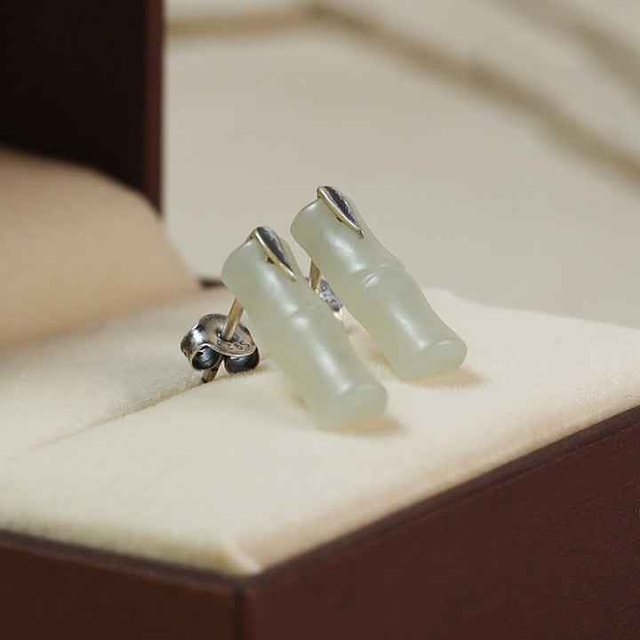 Buddha Stones Bamboo Hetian Jade 925 Sterling Silver Leaf Wealth Earrings - Hetian Jade Matte(925 Sterling Silver Posts) - Long Bamboo Leaves - image 8