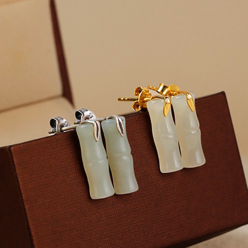 Buddha Stones Bamboo Hetian Jade 925 Sterling Silver Leaf Wealth Earrings - image 12