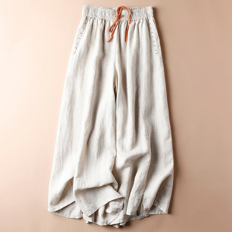 Buddha Stones Casual Cotton Slit Hem Women's 7-8 Length Wide Leg Pants With Pockets - Seashell - US8-10，UK/AU12-14，EU40-42 (2XL) - image 0