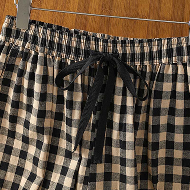 Buddha Stones Casual Cotton Stitching Grid Women's 7-8 Length Wide Leg Pants With Pockets - image 2