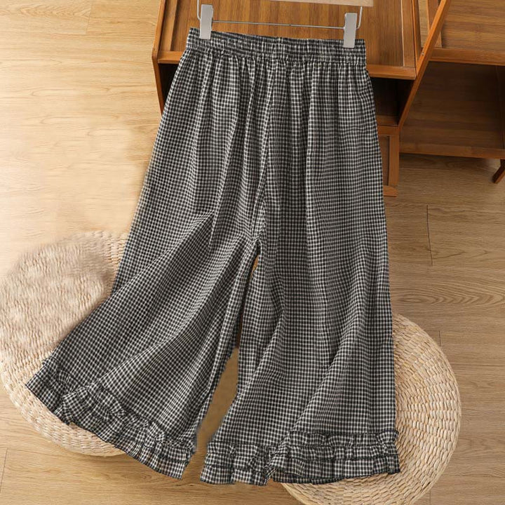 Buddha Stones Casual Cotton Stitching Grid Women's 7-8 Length Wide Leg Pants With Pockets - image 9