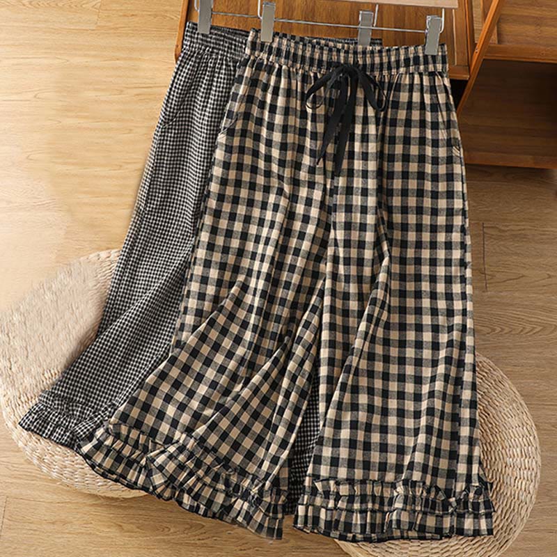 Buddha Stones Casual Cotton Stitching Grid Women's 7-8 Length Wide Leg Pants With Pockets - image 15