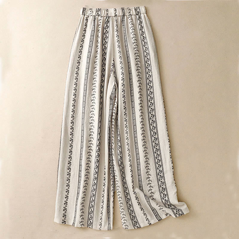 Buddha Stones Casual Vertical Printing Cotton Linen Women's Wide Leg Pants With Pockets - image 6