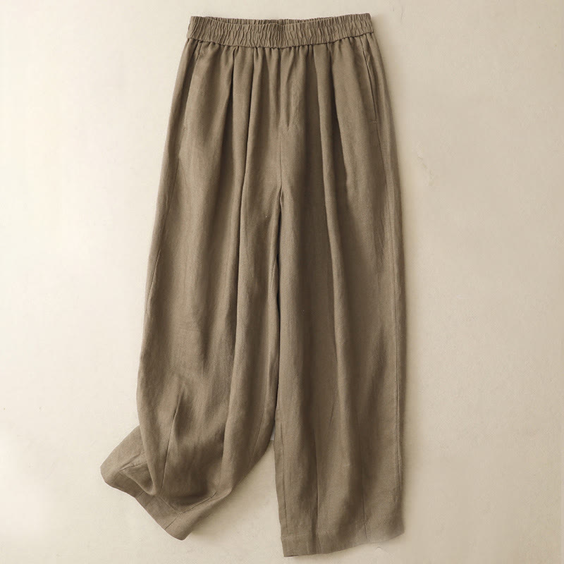 Buddha Stones Summer Plain Women's Cotton Linen Harem Pants With Pockets - Tan - US8-10，UK/AU12-14，EU40-42 (2XL) - image 0